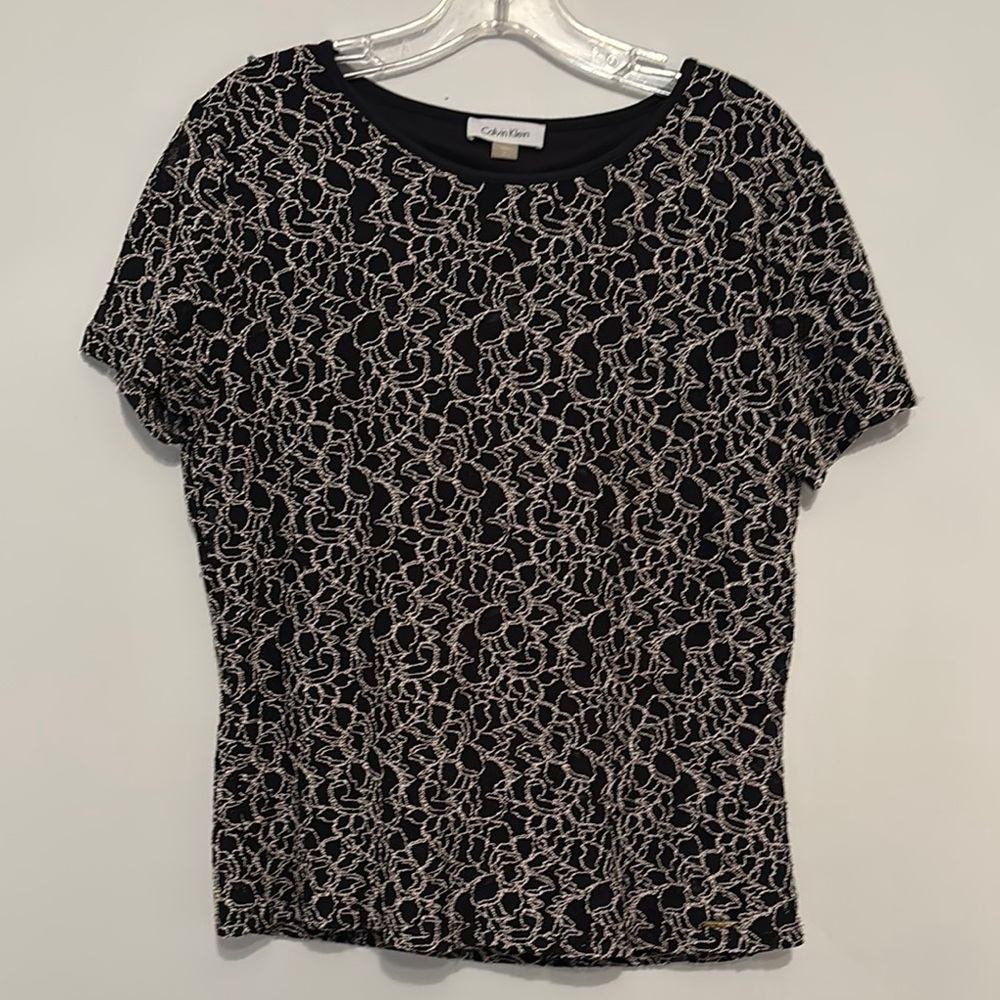 Calvin Klein Black and Cream Fitted Graphic Blouse